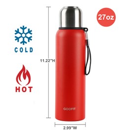 GOOFIT Thermos Flask, Stainless Steel Vacuum Drinking Bottle, 800 ml, BPA-Free, Leak-Proof, Thermos Flask for Warm, Cold, Drinks, Coffee, Tea, Insulated Bottle for Hiking, Fishing, Work (Red)