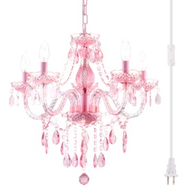 Plug-in 5 Lights Pink Crystal Hanging Pendant Light Acrylic Chandelier with Clear Cord & On/Off Switch H19 D19.7 for Kitchen Island Girls' Room Dining Area Laundry Pavilion.