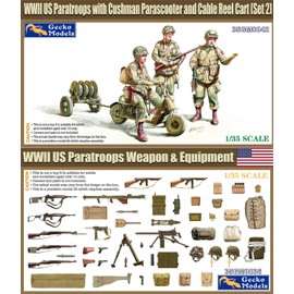 GEC35GM0042 1/35 WWII United States Military Paratrooper Cushman Airborne Scooter RL-35 Cable Reel Cart Set 2 Plastic Model