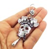 Long Sugar Skull and Lovebirds 925 Sterling Silver Drop Earrings