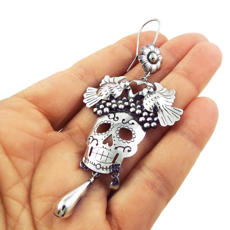 Long Sugar Skull and Lovebirds 925 Sterling Silver Drop Earrings