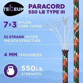 TECEUM Paracord Type III 550 Mixed Camo – 50 ft – 4mm – Tactical Rope MIL-SPEC – Outdoor para Cord –Camping Hiking Fishing Gear and Equipment – EDC Parachute Cord – Strong Survival Rope 766b