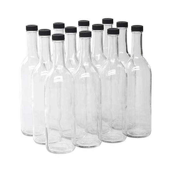 North Mountain Supply 750ml Clear Glass Bordeaux Wine Bottle Flat-Bottomed Screw-Top Finish - with 28mm Black Plastic Lids - Case of 12