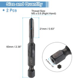 sourcing map 2pcs Straight Flute Thread Tap, M5 x 0.8 Metric Thread 1/4" Hex Shank Screw Threading Tapping Tool Thread Milling Machine Taps, High-Speed Steel 6542 (HSS 6542)