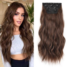 Xtrend 20 Inch Long Wavy Hair Extensions Dark Brown Clip-In Hair Extensions Synthetic Hair Pieces for Women Girls 4 Pieces Full Head Set Thick Curly Wavy Synthetic Hair Extensions (9#)