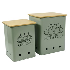 Xbopetda Potato Onion Storage Bin, Kitchen Storage Canister Set of 2, Kitchen Pantry Organizer Tin - Vegetable Fresh Keeper with Aerating Tin Storage Holes & Wooden Lid (Grayish Green)
