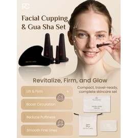 Rena Chris Facial Cupping Set & Gua Sha Facial Tool - Silicone Cupping Set & Obsidian Gua Sha Stone - Face Cupping Therapy Set for Natural Skin Care, Puffiness, Lip Plumping(Black)