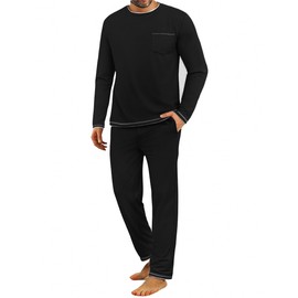 Demegimi Mens Pyjamas Set Long Sleeve Crew Top and Cotton Lounge Pants Winter Mens PJS Sets Loungewear Sleepwear Black
