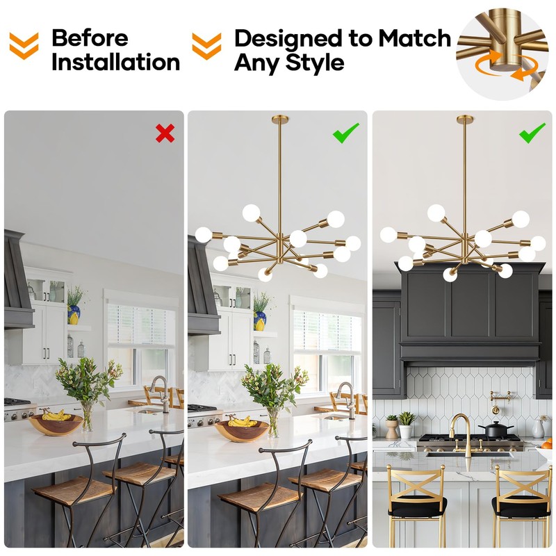 Sputnik Chandeliers Dining Room Light Fixture (12-Light, 33-Inch), Modern Brass