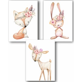 Manschin-Laserdesign Set of 3 Wall Pictures Children's Room Posters DIN A3 & DIN A4 Baby Room Decoration Girls Boys Pictures Decoration Watercolour Forest Animals Scandinavian (P1002)