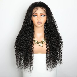 Brazilian Hair Water Wave Lace Front Wig Remy 180% Density Transparent for Lace Brown Highlights Long Length Womenstyle: Deep Wave, color: Black, stretched length: 24 inches, Lace Size: 13*4