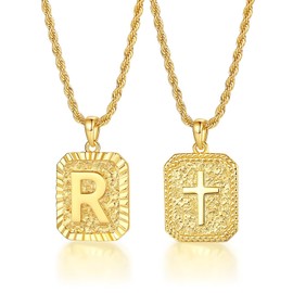 ASUWISH Gold Initial Necklaces for Men and Women, 18K Gold Plated Letter A-Z Cross Pendant with Adjustable Rope Chain, Letter Necklace for Women and Men (R, Gold)
