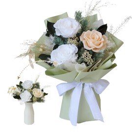 Preserved Hand Made Flower Bouquet Long Lasting Flowers Arrangement, 3 Years Lasting, Gift for Women Girlfriend on Valentine's Day New Year Birthday Anniversary (White with vase)