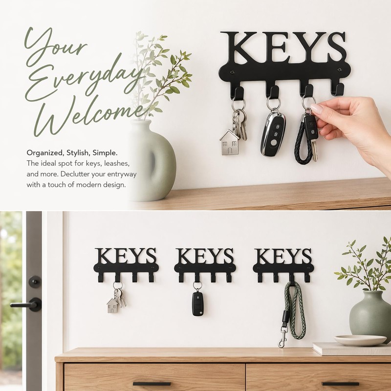 Solvio Key Holder for Wall, Black Metal Key Hooks Wall