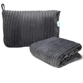 Bliss Faille Travel Pillow Blanket - 2-in-1 Lightweight Compact Airplane Camp Pillow and Blanket Set for Travelling, Size Large, Dark Grey