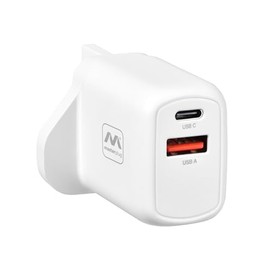 Masterplug Super-Fast USB Charging Plug with USB A and USB C Charging Ports, for Mobiles and Tablets, 30 Watts, White
