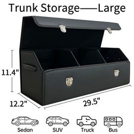 Wuatow Trunk Organizer for Car With Lid,Foldable Trunk Organizer for SUVs & Sedans,Multi-Functional Leather Storage Box- Black - Large