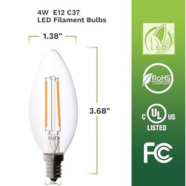 Bioluz LED 4W Filament Candelabra Bulb, E12 Base High Efficiency LED Candle Bulbs, UL Listed, Pack of 6