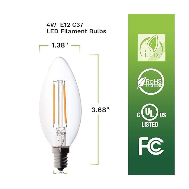 Bioluz LED 4W Filament Candelabra Bulb, E12 Base High Efficiency