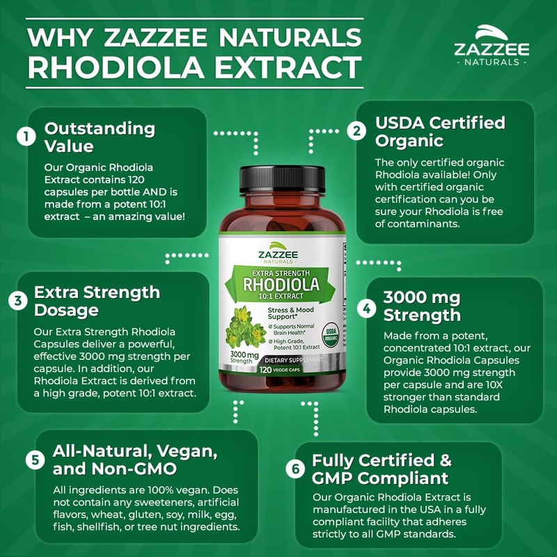 Zazzee USDA Organic Rhodiola 10:1 Exract, 3000 mg Strength, 120