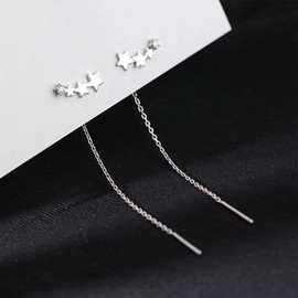 Allereya Vintage Star Threader Earrings Crystal Star Stud Earrings Long Chain Earrings Silver Bar Earrings Jewellery for Women and Girls (Silver)