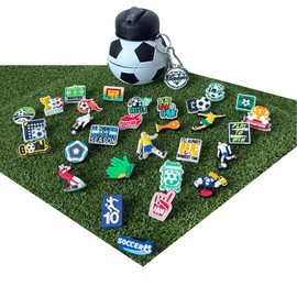 Soccer Ball Compact Water Bottle with Key ring Clip Straw & Safe Cap + 30 PCS Shoe & Bag Premium Charms Croc, Made Foldable BPA-Free Silicone,18 Oz, Food Grade, Leak Proof, Design Portable. (Boys)