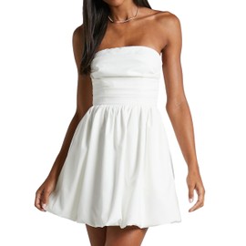 MISSACTIVER Women's Strapless Tube Top Mini Dress Ruched Sleeveless Off Shoulder Flared Short Dress Summer Party Club Dresses White