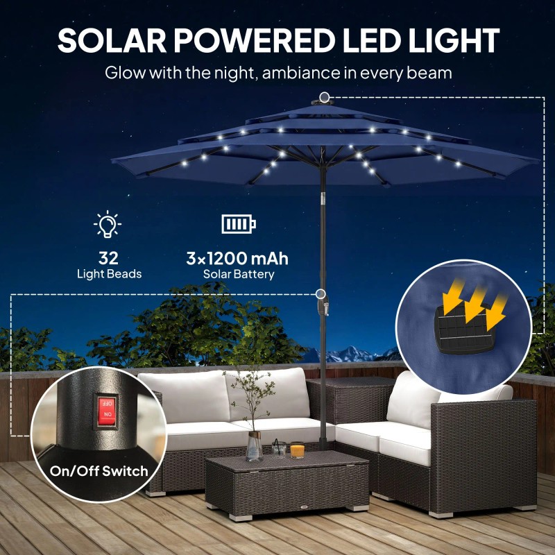 "Solar-powered 9.7 ft Navy Blue Patio Umbrella with 3 Tier