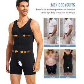 KUMAYES Men's Shapewear Bodysuit Compression Shirt Undershirts Men's Tummy Control Shirt for Men Strong Shaping Full Body Shaper with Leg Shorts, black