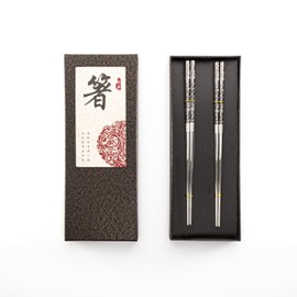 Premium Reusable Titanium-Plated Stainless Steel Chopsticks Set – Ideal Japanese & Korean Food Cooking and Anime Gifts – Non-Slip Metal Chopsticks Perfect as Kitchen Gifts (Black Silver)