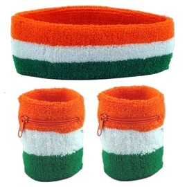 Funny Guy Mugs Flag of Ireland Unisex Sweatband Set (3-Pack: 2 Wristbands with Zipper/Wrist Wallet & 1 Headband), Orange/White/Green