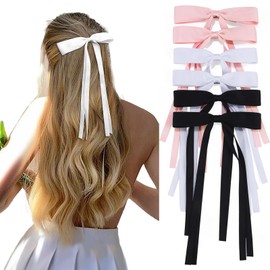 6Pcs Hair Bow Ribbon for Women Girls Black White Tassel Ribbon Bow Hair Clips Pink Satin Hair Ribbon Clips Solid Metal Bowknot Barrettes with Long Tail Cute Toddlers Teens Accessories Ponytail Holder