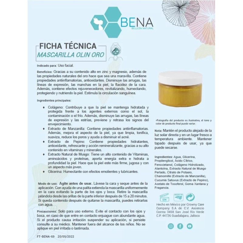 BENA Mascarilla Facial Olin Peel Off Oro Antioxidante Zinc Bena