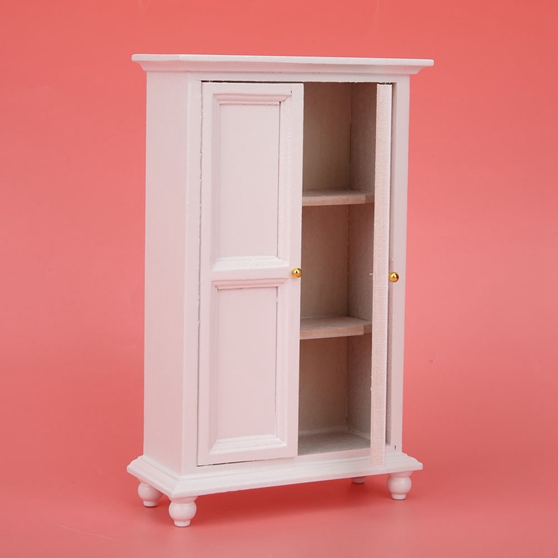Miniature Doll House Wardrobe White Wooden Double Door Household Closet