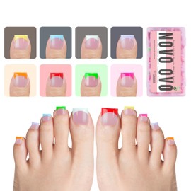 NOVO OVO French Tip Press on Toe Nail Tips MIXED COLOR, Sharp Square Pre-Designed Soft Gel False Toenail Extension, Pre-applied Tip Primer & Base Coat, Full Cover Acrylic for DIY x 15 Sizes 240 pcs