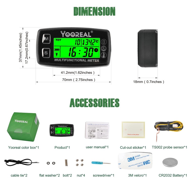 Yooreal Digital Engine Temperature Gauge Meter,Tachometer and Hour Meter,Removable Temp