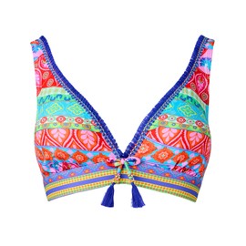 Joe Browns Women's Recycled Content Patchwork Tassel Trim Bikini Top, Blue Multi, 14
