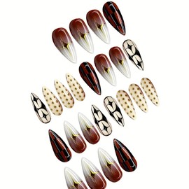 Black White Press on Nails Medium Almond Fake Nails with Gold Star Design Full Cover Fall False Nails Gold Polka Dot Stick on Nails Glossy Ombre Brown Glue on Nails for Women Girls Manicure 24Pcs