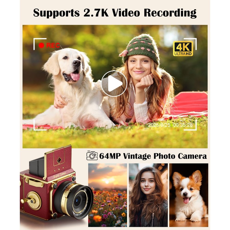 EJXHKNF Vintage Digital Camera, 64MP 2.7K Retro Point and Shoot