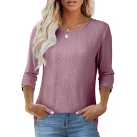 OFEEFAN Womens Tops 3/4 Sleeve Round Neck Eyelet Embroidery Loose Fit Summer Tunic Tops Dusty Pink XL