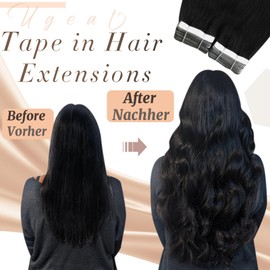 Ugeat Tape-In Hair Extensions Real Hair Black Hair Extensions Tape Real Hair 30 g Invisible Tape-In Hair Extensions Real Hair 20 Pieces Tape-In Hair Extensions Black Colour #1 30 cm