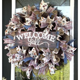 Welcome Y'all Prairie Floral, Butterflies, & Denim Spring Summer Fall Deco Mesh Wreath, Front Door Wall Entryway, Patio Porch Garden, Living Room Bedroom Wall Decoration, Handmade Handcrafted