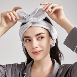 Dofash 2Pcs Cute Rabbit Ear Washing Face Headbands Animal Elastic Hair Bands for Washing Face,Makeup Cosmetic Beauty Hairband for Women Girls (White and Gray)