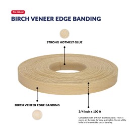 Birch Wood Veneer Edge Banding 3/4 inch x 100 ft Pre Glued Adhesive Edging Trim Tape Iron On Flexible Strip Roll Laminate Cabinate Countertop Furniture Shelf MDF Board Paintable Molding Easy Trimmer