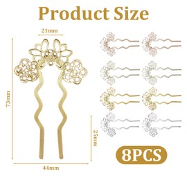 Pack of 8 French Hair Pins, French Hair Pins, U-Shaped Hair Pins, Metal Hair Fork, Easy to Use, Suitable for Women and Girls (Light Gold, Gold, Silver)