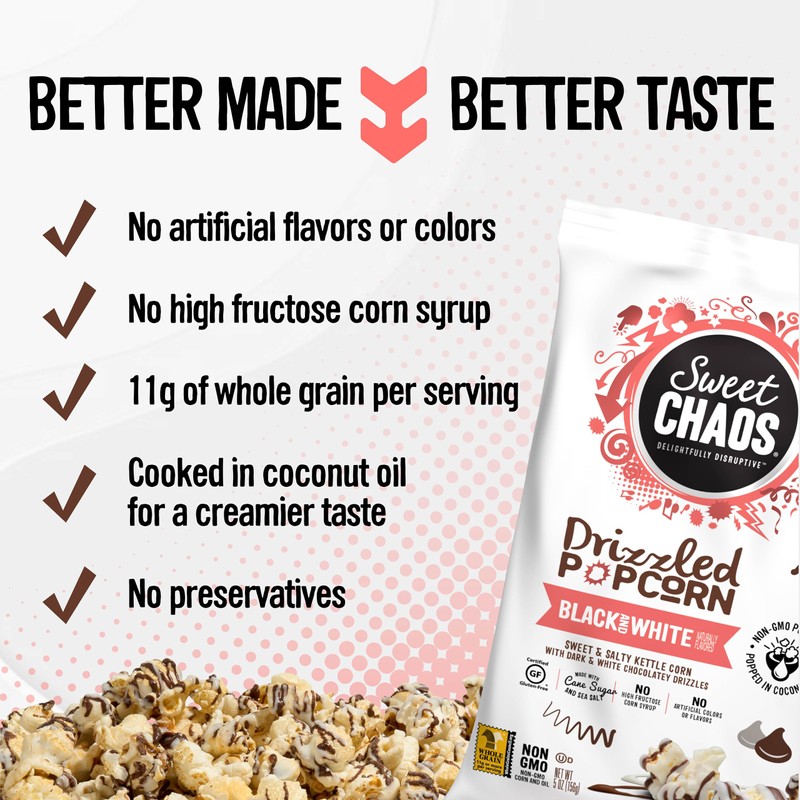 Sweet Chaos Black and White Drizzled Popcorn | Naturally Flavored