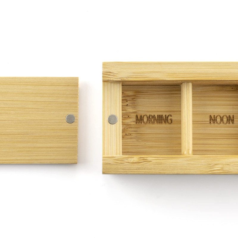 TabTime Bamboo Small Daily Pill Box, 4 Compartment Tablet Organiser,