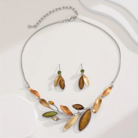 Bohemian Vintage Chunky Jewelry Set with Yellow Leaf Design - Rhinestone Necklace and Earrings, Zinc Alloy & Stainless SteelColor: Yellow