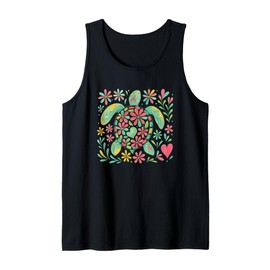 Turtle With Flowers And Heart Design Tank Top