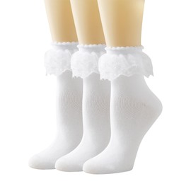 DONBIQI Lace Ruffle Frilly Ankle Socks for Women, Double Layer Lace (US, Numeric, 5, 9, White 3 Pairs)
